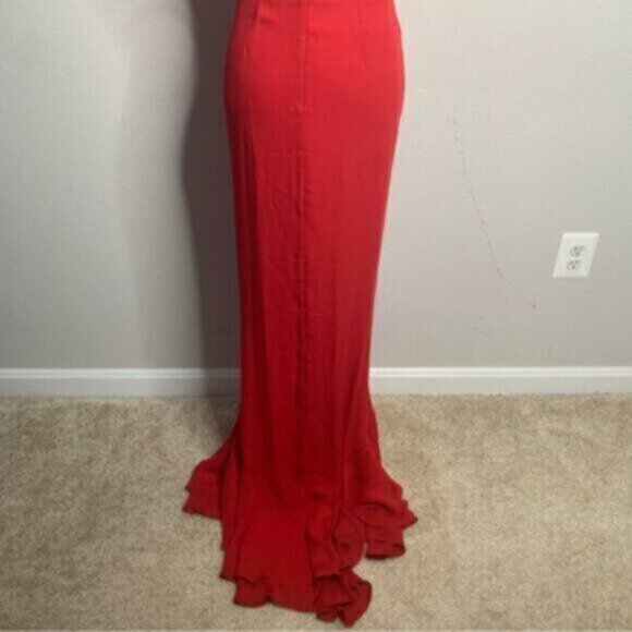 Vintage Red Halter Plunged Neckline Gown with Elegant Ruffle Detail Maxi… - Picture 11 of 12